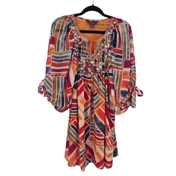 Argenti size 6 boho multicolor embellished abstract balloon tie sleeve dress VTG - Picture 1 of 11